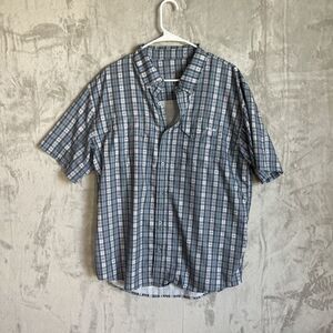 Huk Mens Size L Blue Plaid Fish Print Performance Lightweight Button Down Shirt